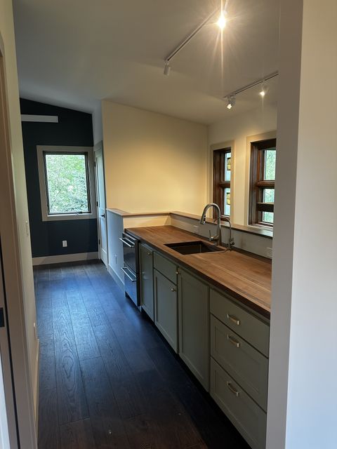 Kitchen with sage cabinets and track lighting